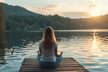Calm morning meditation by the lake. Young woman outdoors on the pier. Wellbeing and wellness soul concept.