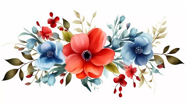 recommend clip art: illustration Red and blue flowers, leaves clip art watercolor flowers. generative ai