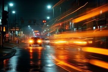 Fototapeta na wymiar Motion blur of vehicles passing by a traffic light at night. Generative AI