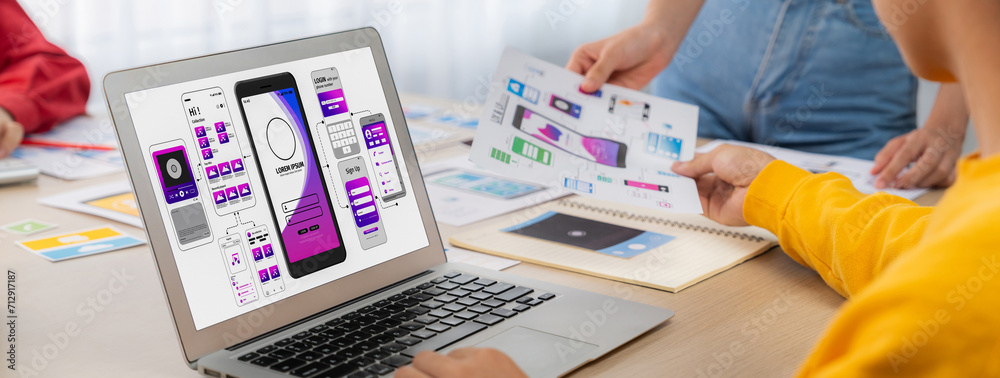 Poster panorama banner of startup ux developer or company employee design user interface or ui prototype fo