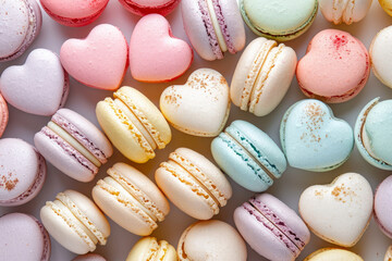 Fototapeta premium overhead view of pastel color heart shaped valentine's day macaroons