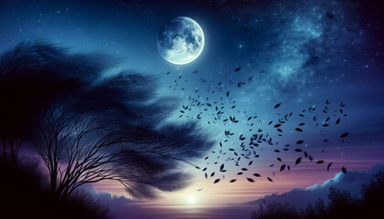 Fototapeta na wymiar Enchanted Moonlit Night with Swirling Leaves