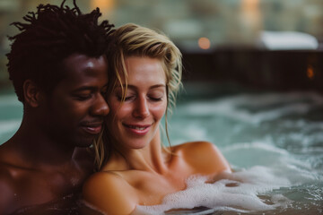 Happy young interracial couple in love in hot tub, spa wellness
