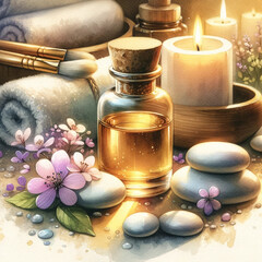 Fototapeta na wymiar Tranquil Aromatherapy Spa Setting with Essential Oils