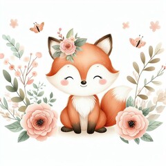 cute fox wih pink flower 