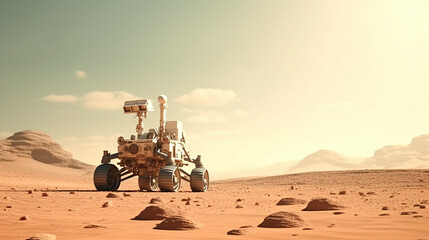 mars rover moving across space planet surface toward the red planet - obrazy, fototapety, plakaty
