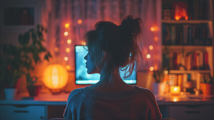 Nuit d'insomnie : femme regardant dans sa chambre durant la nuit des écrans par peur de s'endormir - obrazy, fototapety, plakaty