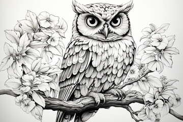 A majestic Owl illustration in a stylish composition. Adult coloring book pages made freehand with doodle and Zentangle elements.,