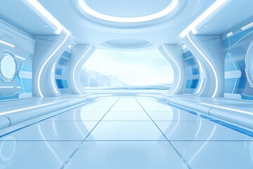 Futuristic building design with white interiors and bright lighting - obrazy, fototapety, plakaty