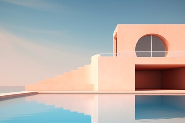 A futuristic building design with a big swimming pool, water reflection creative photography