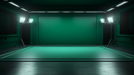 Modern 3D Interior of a Studio with Dark Green Screen and Equipment: Studio Template for Photo and Video Shoots, Advertising, Dark Green Screen Setup with Professional Lighting and Projector