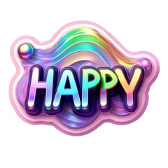 holographic sticker inscription happy on transparent background. 3d. Happy vector text lettering. Inspirational phrase, happiness. Positive mood concept design for social media, banner, card, t-shirt,