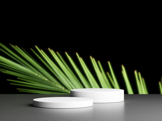 Product display podium with blurred nature leaves background. 3D rendering