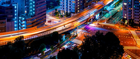 Skyscrapers and highways through Minato, Tokyo, Japan