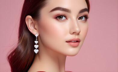 Valentine's Day, a Pretty young Woman, simple small Diamond earring, soft pink background. Generative AI