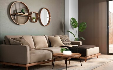 brown sofa cushion Modern Scandinavian style living room Decorated with earth tones.