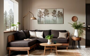 Dark brown sofa cushion Modern Scandinavian style living room Decorated with earth tones.