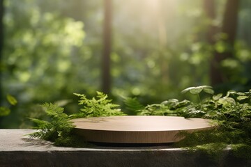 Nature Podium Set Against A Mystical Forest Backdrop, Perfect For Showcasing Products Or Artifacts