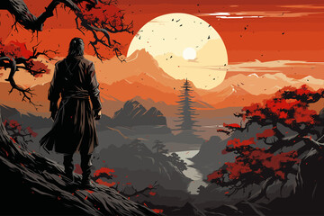 a samurai walking to the sun and Mountain Illustration