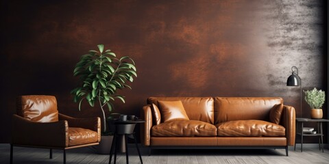Fototapeta na wymiar Modern interior with a spacious room hosting a leather sofa and armchair.