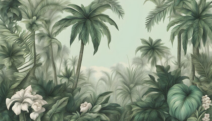 Fototapeta na wymiar Tropical vintage botanical landscape with palm tree in painting style