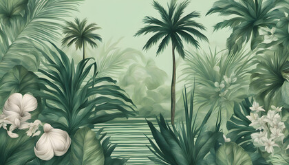 Tropical vintage botanical landscape with palm tree