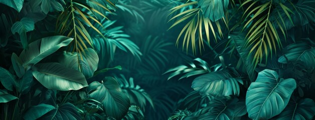 Fototapeta na wymiar tropical leaves jungle background, in the style of dark aquamarine and green