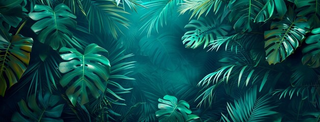 Fototapeta premium tropical leaves jungle background, in the style of dark aquamarine and green