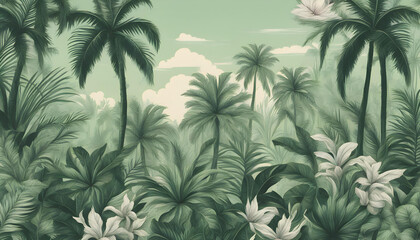 Fototapeta na wymiar Tropical vintage botanical green landscape with palm tree
