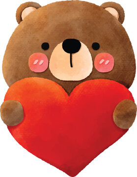 cute teddy bear cuddling a big red heart in watercolor design