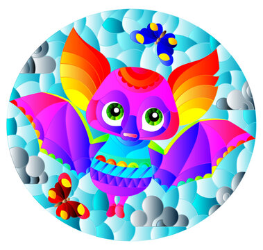 Illustration in the style of a stained glass window with a cute cartoon rainbow bat, an animal on the background of a cloudy sky, oval image