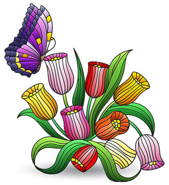 Illustration in the style of stained glass with bouquet of tulips and butterfly, isolated on a white background