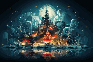 Obraz premium Magical Dark fairytale fantasy forest ,Beautiful Moon and River at Night with Mountains