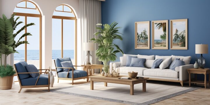 Mediterranean-themed living room with beige sofa, blue armchairs, blue walls, TV unit, and decoration. image.