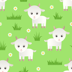 Funny cute baby goat on green meadow seamless pattern. Cartoon white goat, grass and flowers. Vector simple children's illustration.