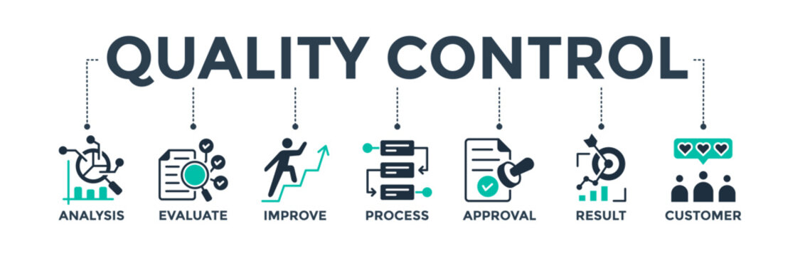 Quality control banner web icon vector illustration concept for product and service quality inspection with an icon of analysis, evaluation, improve, process, approval, result, and customer