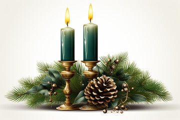 Candle balls and ribbon in spruce branches ,Candlelit Advent Wreath design