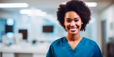 Fotobehang Portrait of a beautiful dark-skinned smiling female doctor in a hospital © Татьяна Гончарук