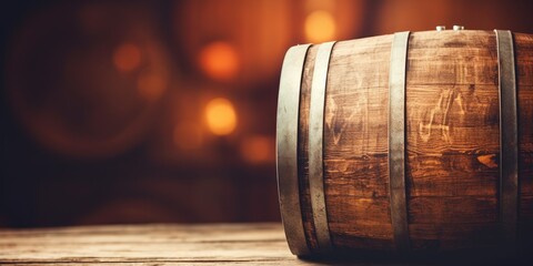 Vintage filtered image of oak wine barrel displayed for products.