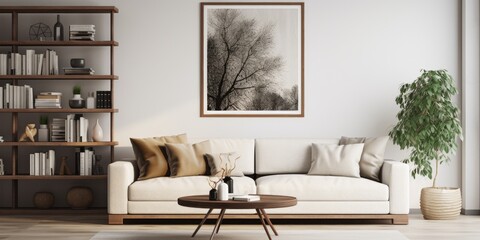 Photo of a sophisticated living room with a cozy couch, artwork, and shelves.