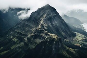 Dramatic view of a rugged mountain peak surrounded by mist and lush greenery