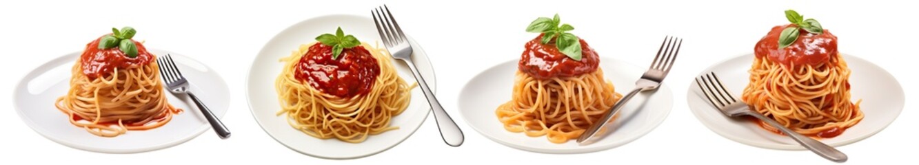 Set of plates of delicious pasta spaghetti with tomato sauce garnished with fresh basil leaves, cut out