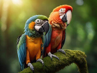 A beautiful loving couple macaw perching on top