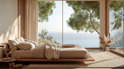 Bed with beige bedding against big panoramic window with sea view. Boho interior design of modern...