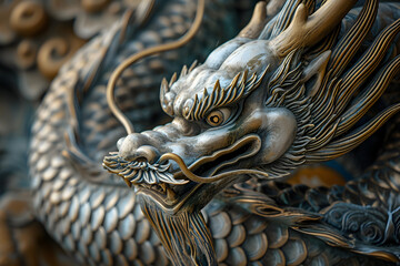 Dragon statue in chinese temple, close up of dragon head. - obrazy, fototapety, plakaty