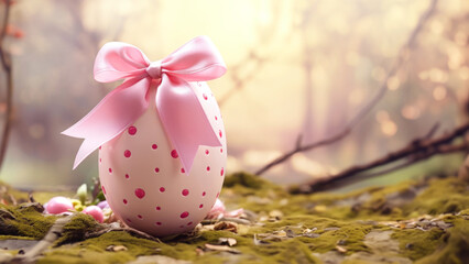 One decorated Easter egg with a pink bow. Happy Easter text. Simple panoramic Easter card design.