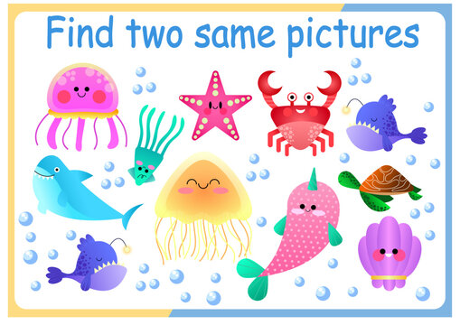 Find two identical pictures kids puzzles vector illustration. Activity for preschool children with comparing objects and finding 2 identical ones. 