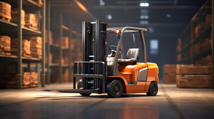 A forklift lifts cargo onto racks in an industrial warehouse. Forklift for warehouse and industry.