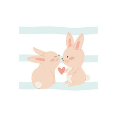Сute couple of rabbits in love. Funny print for Valentine's day. Simple isolated vector illustration.
