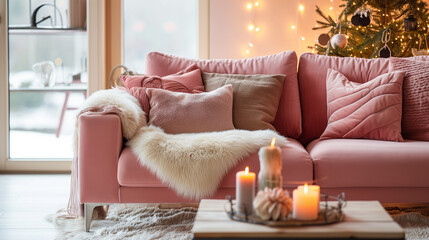 Cozy pink sofa with sheepskin blanket and pillows. Scandinavian farmhouse, hygge home interior design of modern living room. Warm and inviting winter atmosphere with burning candles